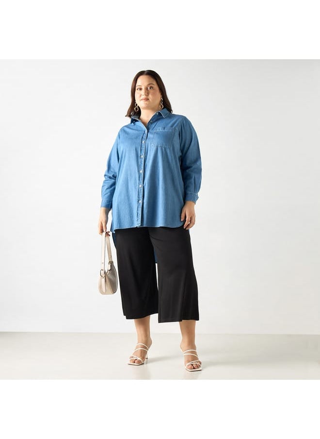 Ulla Popken Plus Size Ulla Popken Solid High Low Shirt with Long Sleeves and Pocket  - Image 2