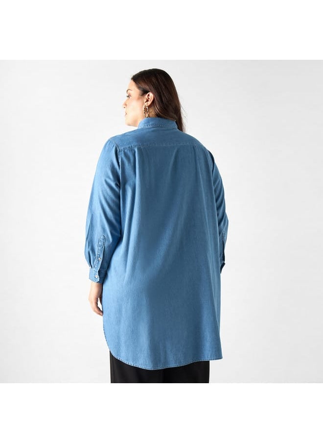Ulla Popken Plus Size Ulla Popken Solid High Low Shirt with Long Sleeves and Pocket  - Image 3