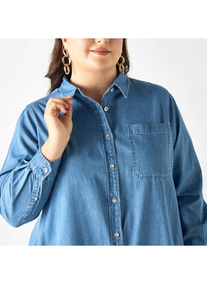 Ulla Popken Plus Size Ulla Popken Solid High Low Shirt with Long Sleeves and Pocket  - Image 4