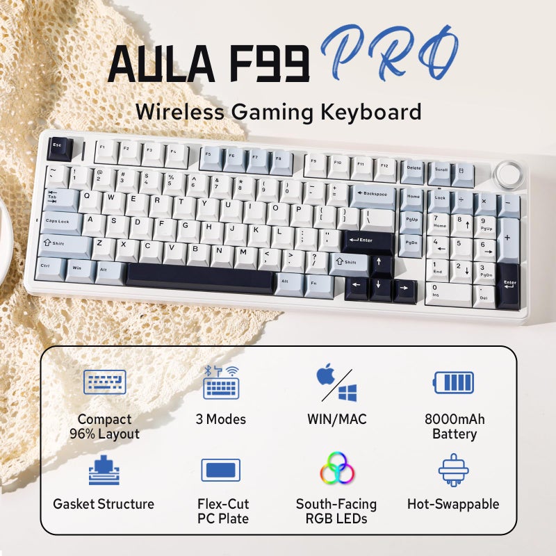MechLands Aula F99 PRO 96% Mechanical Gaming Keyboard, BT5.0/USB-C/2.4GHz Wireless, Hot Swappable Gasket Custom Keyboard with 8000mAH Battery, Rotary Knob, RGB Backlit for Win/Mac (White Blue) - Image 2