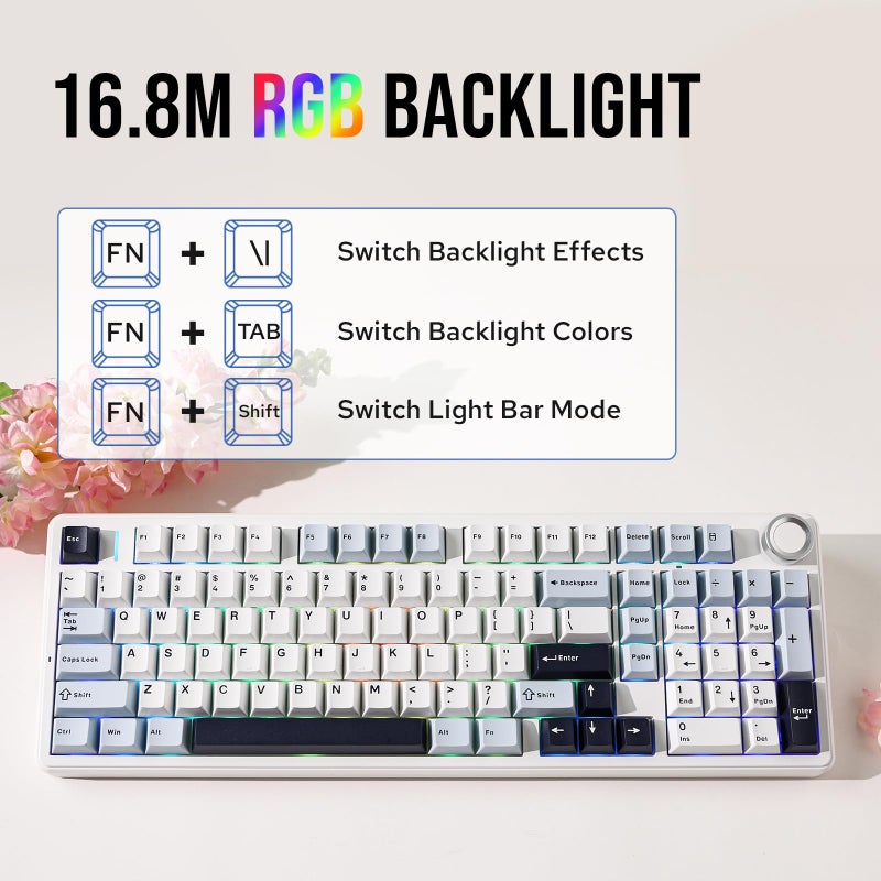 MechLands Aula F99 PRO 96% Mechanical Gaming Keyboard, BT5.0/USB-C/2.4GHz Wireless, Hot Swappable Gasket Custom Keyboard with 8000mAH Battery, Rotary Knob, RGB Backlit for Win/Mac (White Blue) - Image 5