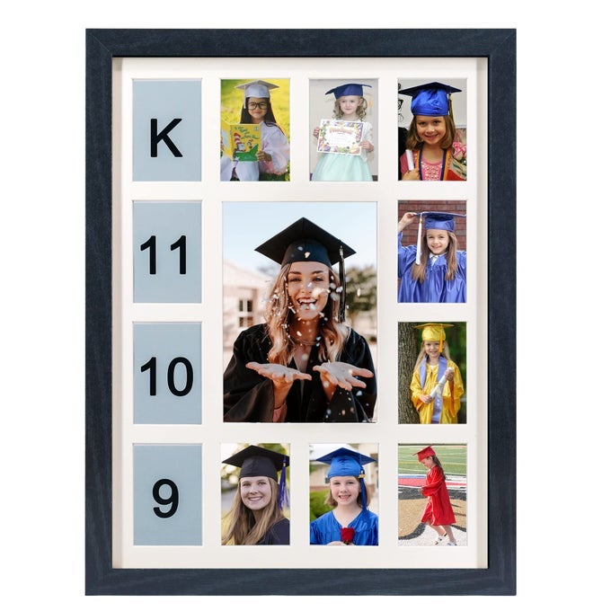 School Years Picture Frame K12 Day Graduation Photo Collage Black Frame with Mat Displays One 5x7 Photo and Twelve 25x35 Pictures