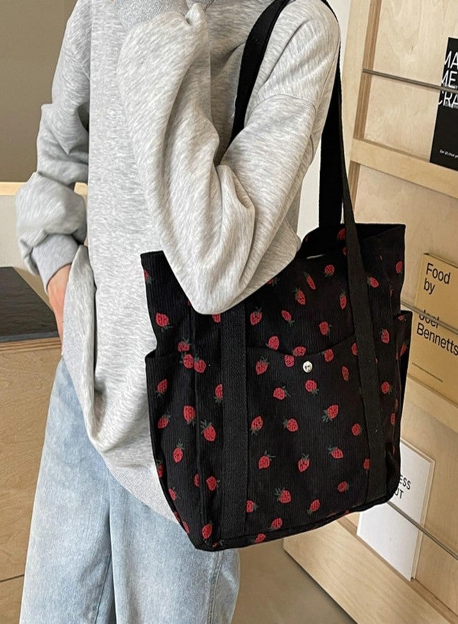 Tellrain Cute Strawberry Shoulder Tote Bag Women 2024 Corduroy Book Handbag Square Purse Multiple Pockets College, Black - Image 3