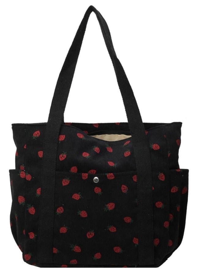 Tellrain Cute Strawberry Shoulder Tote Bag Women 2024 Corduroy Book Handbag Square Purse Multiple Pockets College, Black - Image 1