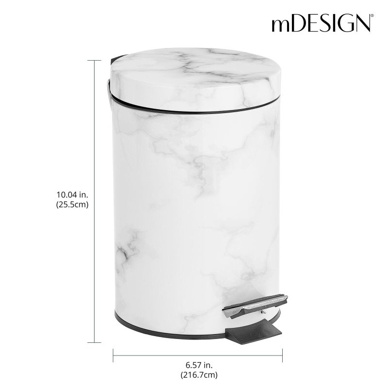 mDesign Extra Small Modern 3-Liter/.7 Gallon Round Metal Lidded Step Trash Can, Compact Garbage Bin with Removable Liner Bucket and Handle for Bathroom, Kitchen, Office, Garage - White Marble Print - Image 3