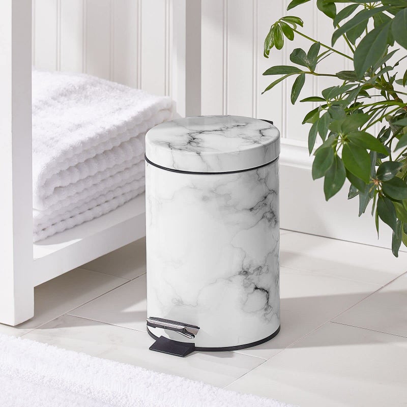 mDesign Extra Small Modern 3-Liter/.7 Gallon Round Metal Lidded Step Trash Can, Compact Garbage Bin with Removable Liner Bucket and Handle for Bathroom, Kitchen, Office, Garage - White Marble Print - Image 2
