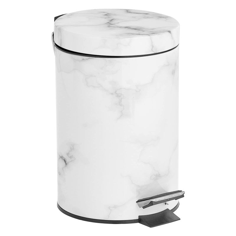 mDesign Extra Small Modern 3-Liter/.7 Gallon Round Metal Lidded Step Trash Can, Compact Garbage Bin with Removable Liner Bucket and Handle for Bathroom, Kitchen, Office, Garage - White Marble Print - Image 1
