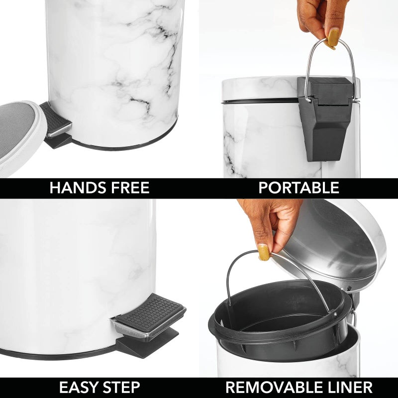 mDesign Extra Small Modern 3-Liter/.7 Gallon Round Metal Lidded Step Trash Can, Compact Garbage Bin with Removable Liner Bucket and Handle for Bathroom, Kitchen, Office, Garage - White Marble Print - Image 5