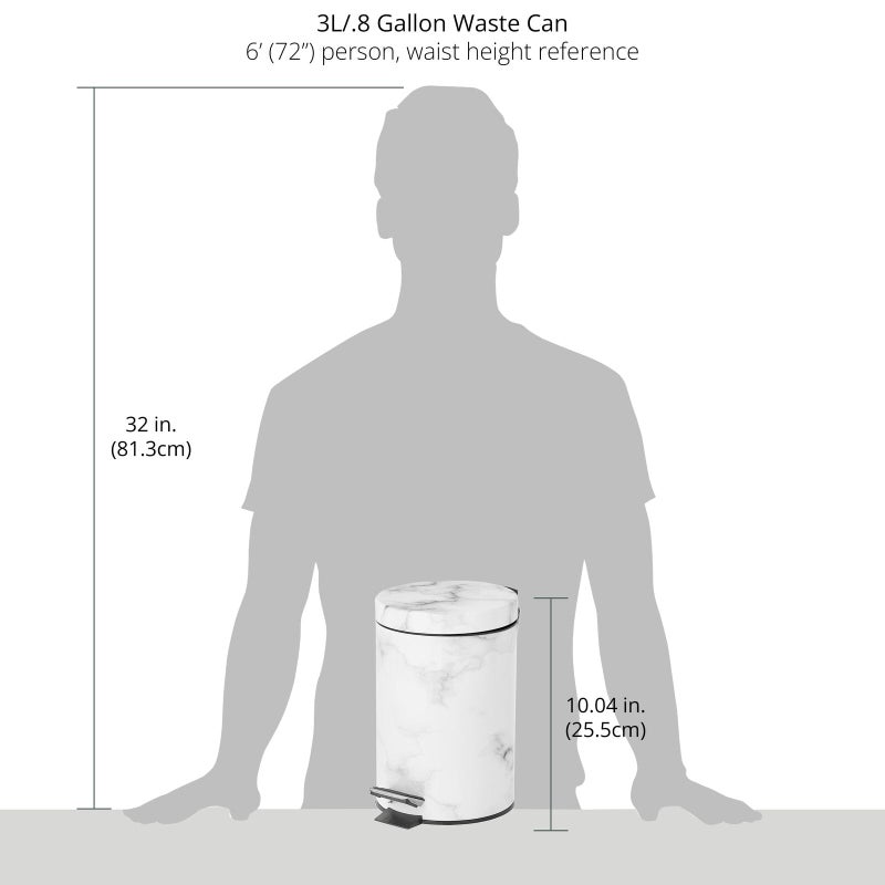 mDesign Extra Small Modern 3-Liter/.7 Gallon Round Metal Lidded Step Trash Can, Compact Garbage Bin with Removable Liner Bucket and Handle for Bathroom, Kitchen, Office, Garage - White Marble Print - Image 4