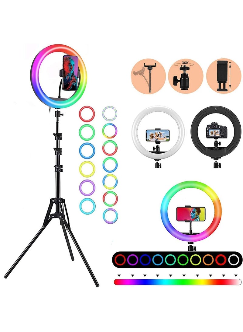 26cm Ring Light for Smartphones and Cameras with RGB Color Lighting, Tripod Stand and Phone Holder, with Buttons to Control Lighting for Live Streaming and Makeup