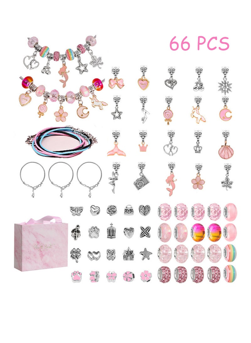 66PCS Charm Bracelet Making Kit, Girls Beads for Jewelry Making Kit, with Gift Box, for DIY Craft Jewelry Gift, For 7-14 Year Old Girl(Pink) - Image 1