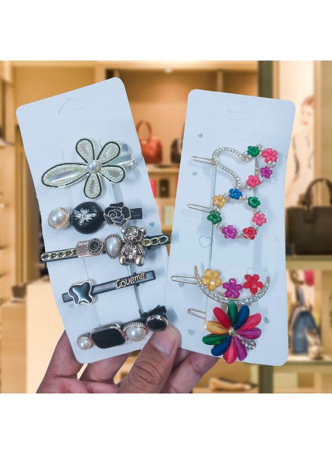 JPV Korean Fashion Style Pearl Rhinestone Metal Hair Clips Stylish Hair Accessories Jewellery For Women's And Girls, Black and Flower Lock Hair Clip Pin (9 Pcs, Multicolor) - Image 1