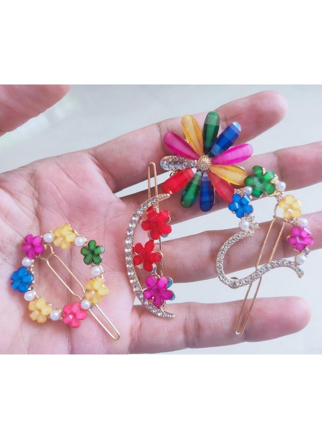 JPV Korean Fashion Style Pearl Rhinestone Metal Hair Clips Stylish Hair Accessories Jewellery For Women's And Girls, Black and Flower Lock Hair Clip Pin (9 Pcs, Multicolor) - Image 4
