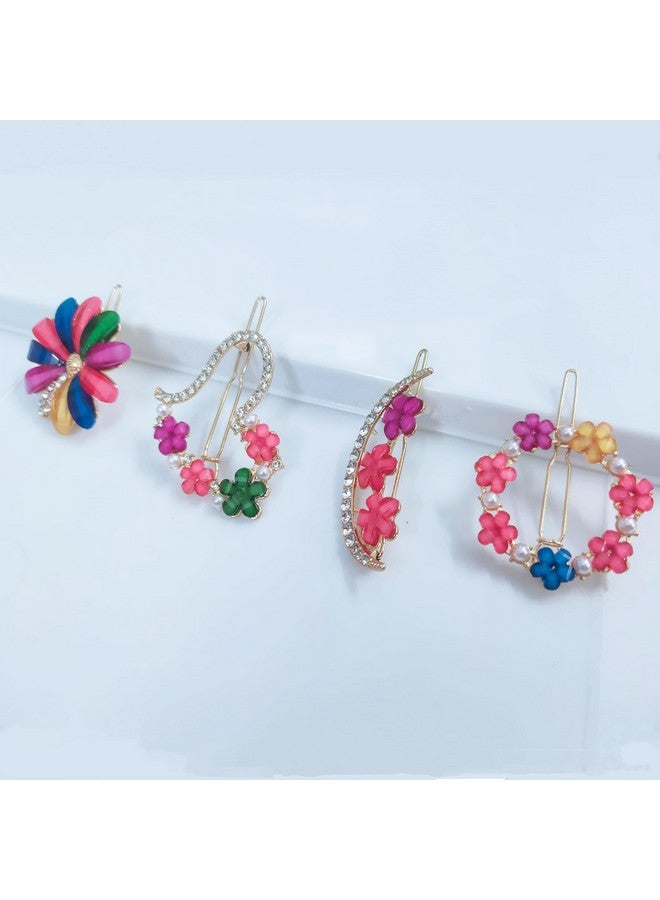 JPV Korean Fashion Style Pearl Rhinestone Metal Hair Clips Stylish Hair Accessories Jewellery For Women's And Girls, Black and Flower Lock Hair Clip Pin (9 Pcs, Multicolor) - Image 3