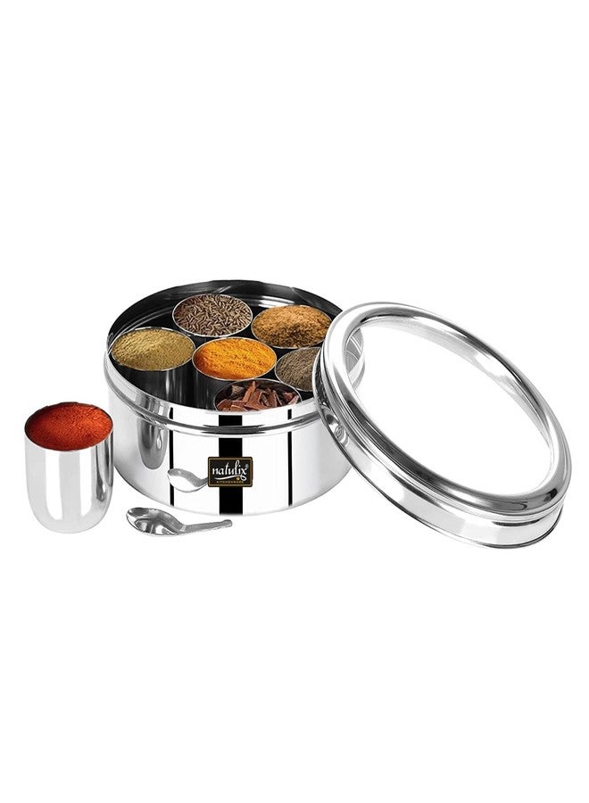 NATULIX Stainless Steel Masala Container | Masala box for Kitchen | Spice Box | Masala Dabba with See Through Lid with 7 Containers and Small Spoon | Silver | Medium 18cm | 1.5 Ltr - Image 2