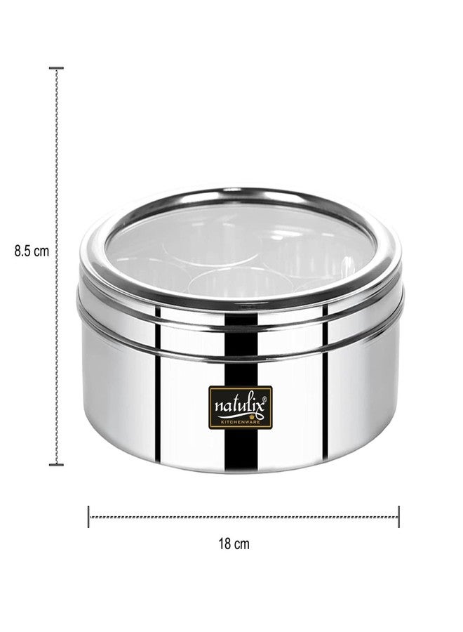 NATULIX Stainless Steel Masala Container | Masala box for Kitchen | Spice Box | Masala Dabba with See Through Lid with 7 Containers and Small Spoon | Silver | Medium 18cm | 1.5 Ltr - Image 4
