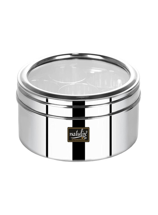 NATULIX Stainless Steel Masala Container | Masala box for Kitchen | Spice Box | Masala Dabba with See Through Lid with 7 Containers and Small Spoon | Silver | Medium 18cm | 1.5 Ltr - Image 1