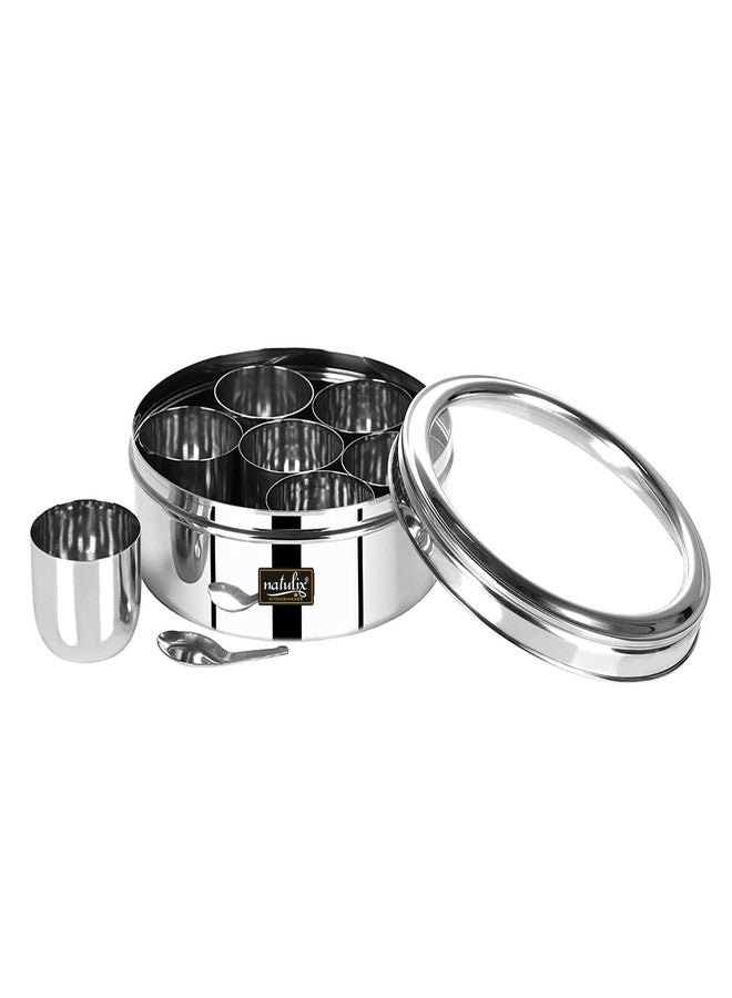 NATULIX Stainless Steel Masala Container | Masala box for Kitchen | Spice Box | Masala Dabba with See Through Lid with 7 Containers and Small Spoon | Silver | Medium 18cm | 1.5 Ltr - Image 3