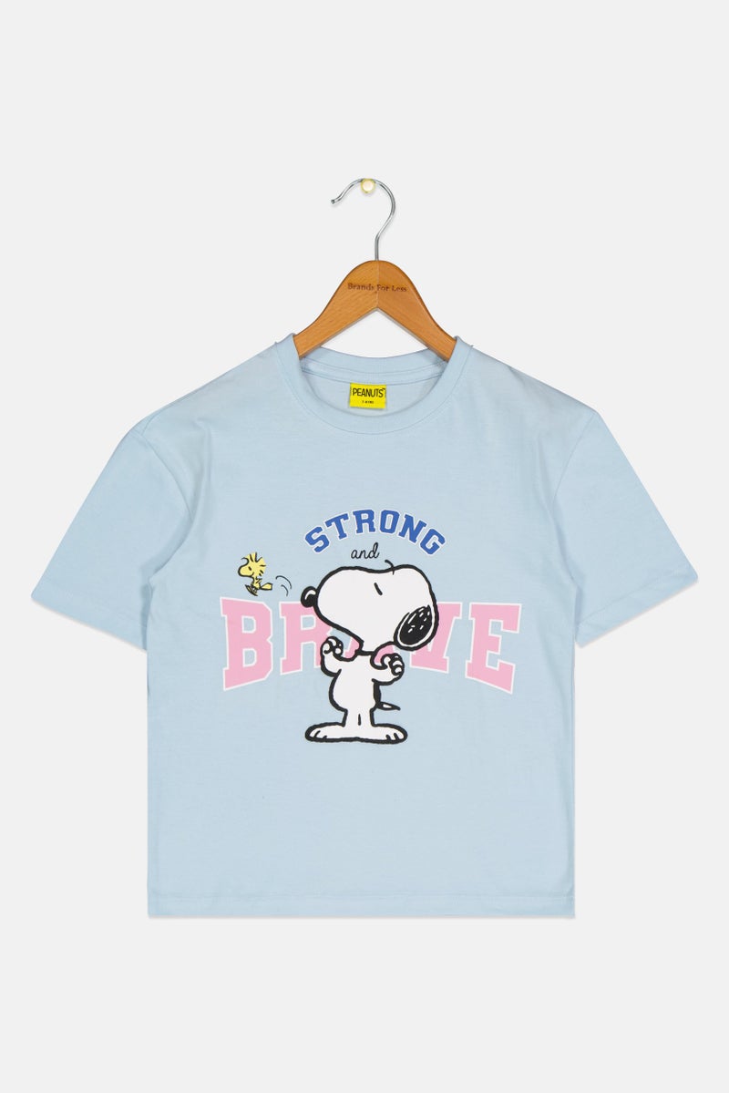 Peanuts Kids Girl Crew Neck Short Sleeves Graphic Print Top, Blue - Image 2