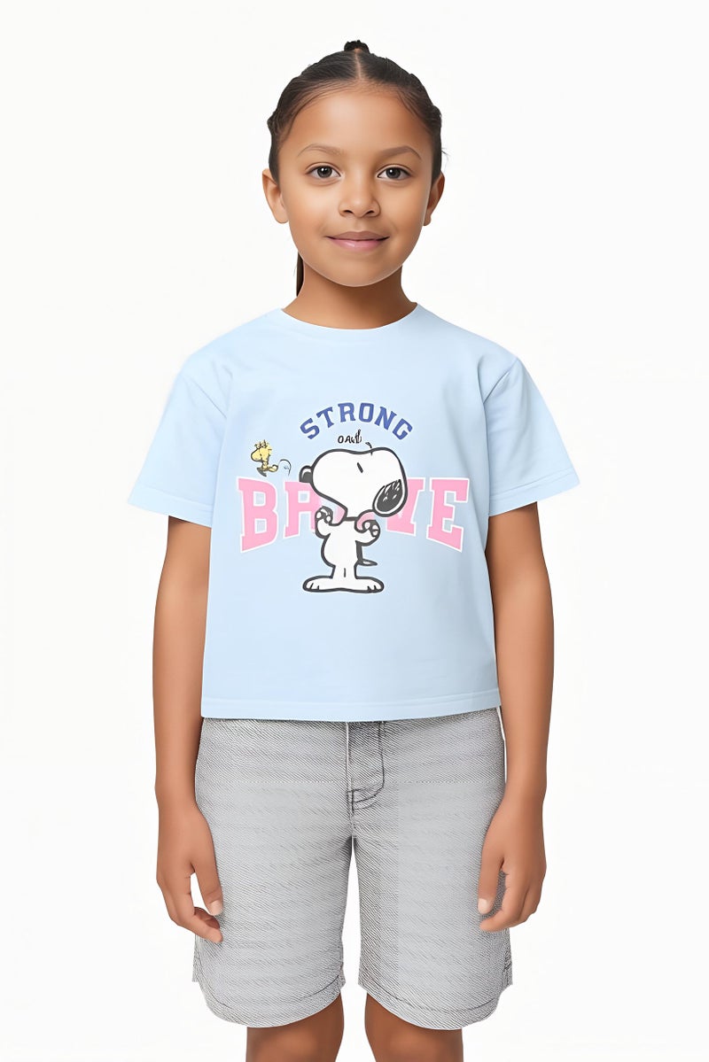Peanuts Kids Girl Crew Neck Short Sleeves Graphic Print Top, Blue - Image 1