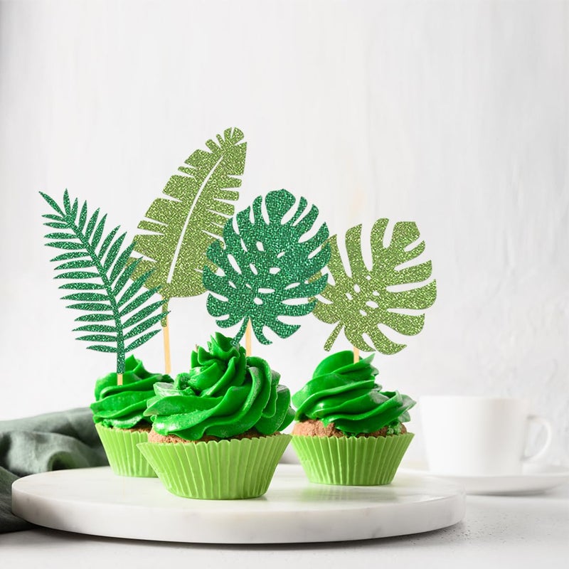 Moitkptt 24Pcs Glitter Tropical Cupcake Toppers  Tropical Palm Leaves Cake Topper Aloha Decorations for Summer Luau Hawaiian Theme Baby Shower Birthday Party Supplies(Leaves A) - Image 3