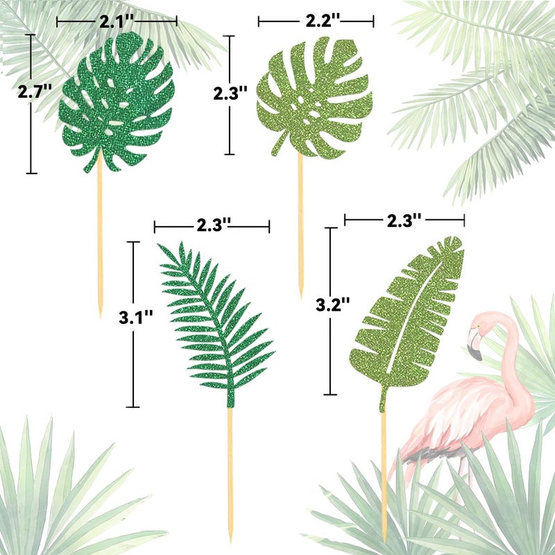 Moitkptt 24Pcs Glitter Tropical Cupcake Toppers  Tropical Palm Leaves Cake Topper Aloha Decorations for Summer Luau Hawaiian Theme Baby Shower Birthday Party Supplies(Leaves A) - Image 2