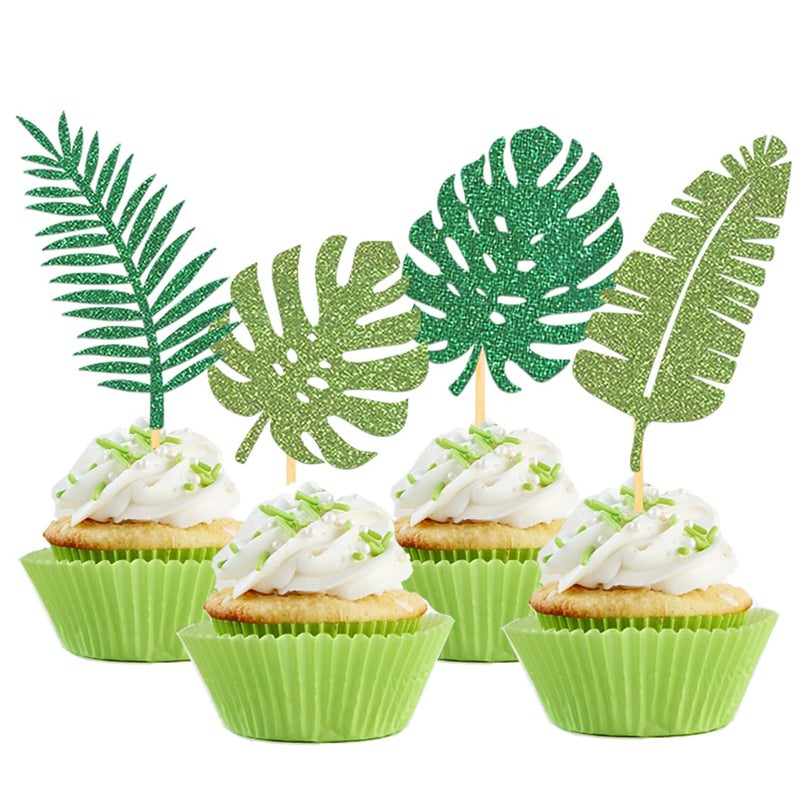 Moitkptt 24Pcs Glitter Tropical Cupcake Toppers  Tropical Palm Leaves Cake Topper Aloha Decorations for Summer Luau Hawaiian Theme Baby Shower Birthday Party Supplies(Leaves A) - Image 1
