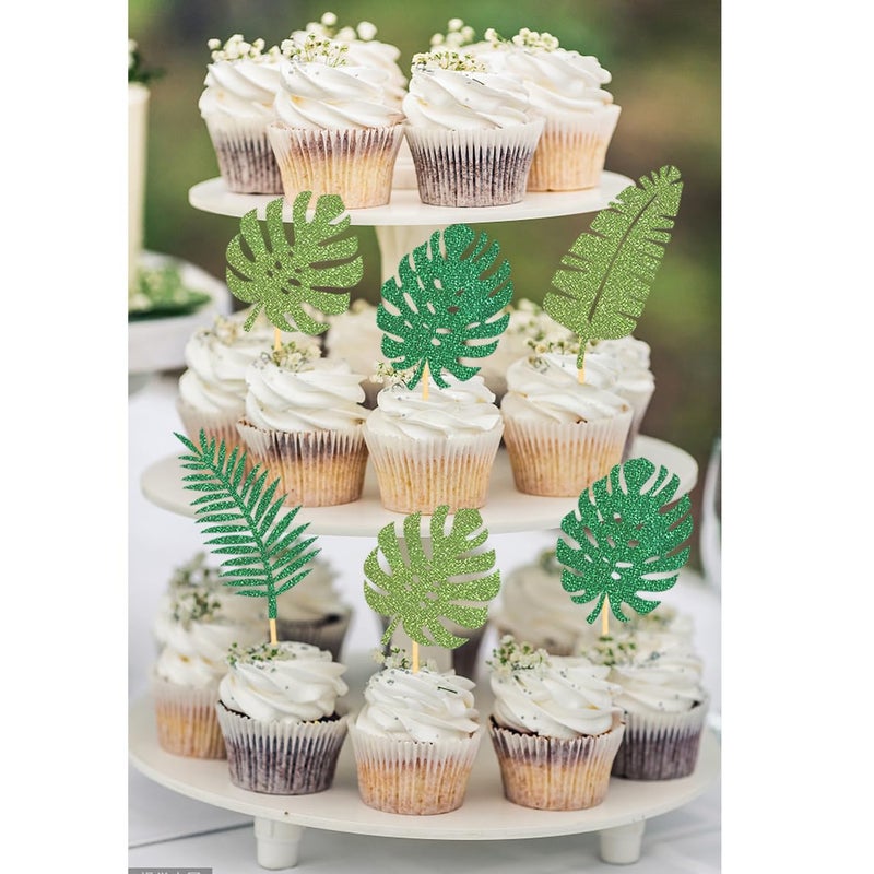 Moitkptt 24Pcs Glitter Tropical Cupcake Toppers  Tropical Palm Leaves Cake Topper Aloha Decorations for Summer Luau Hawaiian Theme Baby Shower Birthday Party Supplies(Leaves A) - Image 5