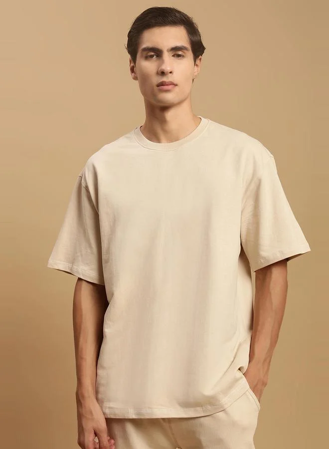 ECOLORE Men Beige Crew Neck 100% Cotton Oversized T-Shirt