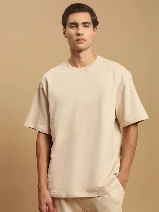 ECOLORE Men Beige Crew Neck 100% Cotton Oversized T-Shirt