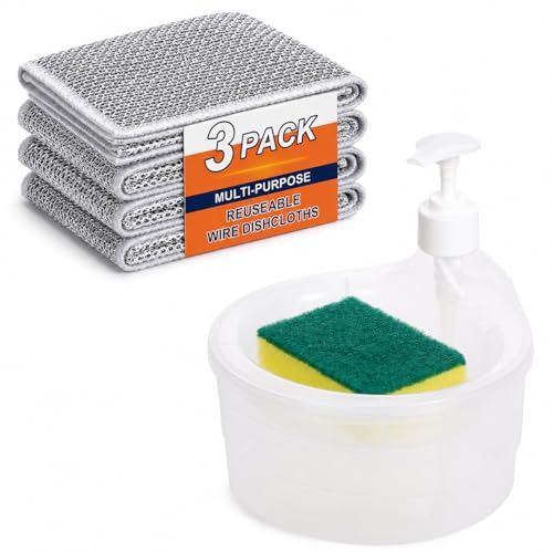 VYOOx 3 Piece Reusable Wire Dish Cloth Combo with Soap Dispenser & Scrubber Sponge | Multipurpose Kitchen Cleaning Set for Utensils, Sink & Stove Cleaning - Image 1
