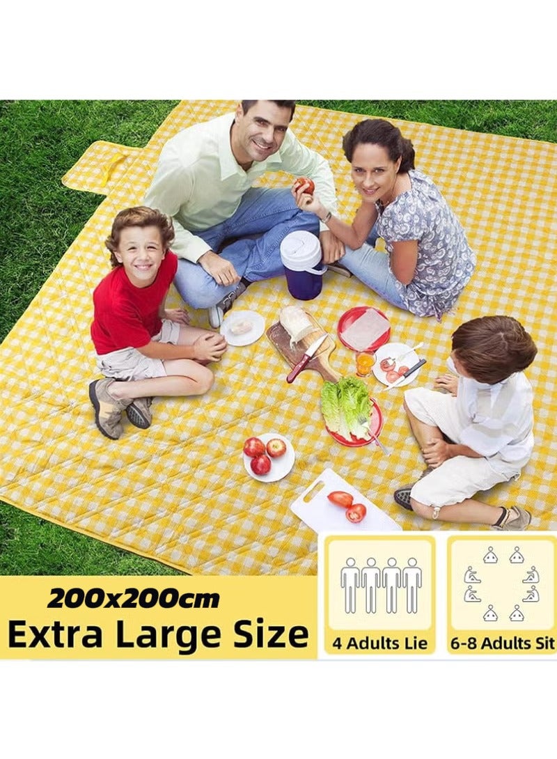 Large outdoor foldable waterproof picnic mat, moisture-proof and thick beach mat, portable for family outdoor camping, parks, and gardens, 200x200 cm（Yellow and white checkered） - Image 2