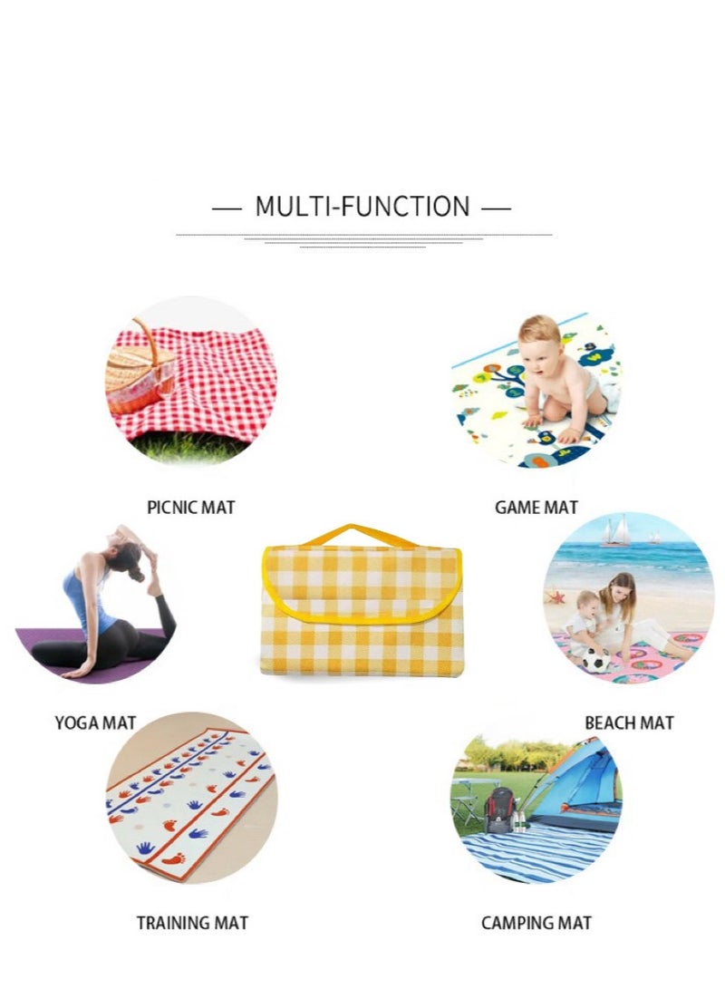 Large outdoor foldable waterproof picnic mat, moisture-proof and thick beach mat, portable for family outdoor camping, parks, and gardens, 200x200 cm（Yellow and white checkered） - Image 3