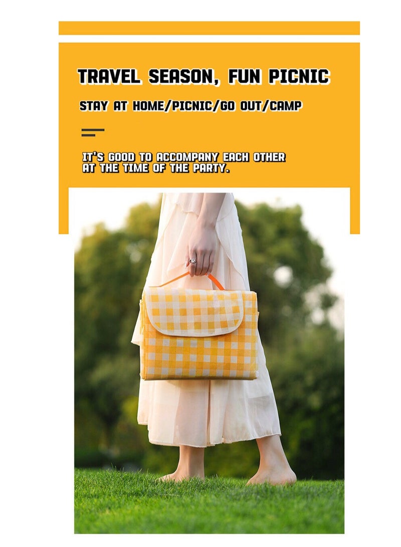 Large outdoor foldable waterproof picnic mat, moisture-proof and thick beach mat, portable for family outdoor camping, parks, and gardens, 200x200 cm（Yellow and white checkered） - Image 5