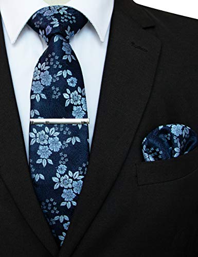 JEMYGINS Floral Navy Necktie and Pocket Square Tie Clip Sets for Men (25) - Image 2