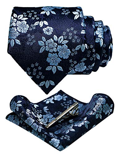 JEMYGINS Floral Navy Necktie and Pocket Square Tie Clip Sets for Men (25) - Image 5