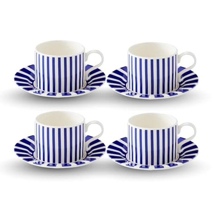 Spode Steccato 9oz Earthenware Teacup & Saucer, Set of 4 - Ornamental Glazed Drinkware with Cobalt Blue Bands & Decorative Design - Elegant Tea Service/Brunch Table Display, Great Housewarming Gift