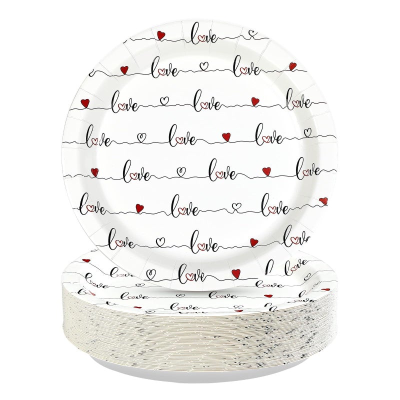 Greencian 50Pcs Valentine's Day Paper Plates 9" Disposable Red Love Heart Paper Plates Red Hearts Dinner Plates for Valentine Wedding Anniversary Galentine Party Decorations - Image 1