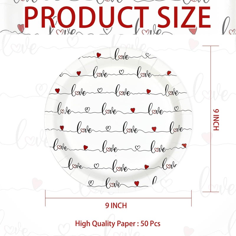 Greencian 50Pcs Valentine's Day Paper Plates 9" Disposable Red Love Heart Paper Plates Red Hearts Dinner Plates for Valentine Wedding Anniversary Galentine Party Decorations - Image 4