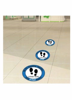 Y&D 5 Pcs Stand Here Safety Floor Signs Please Maintain a distance of 6 feet Social Distancing Zone Self Adhesive Sign Warning Tape Footprint Decals (Blue)  - Image 1