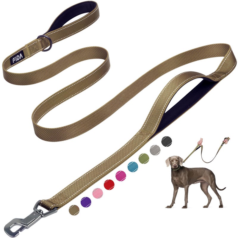 Fida 6 FT Heavy Duty Dog Leash with 2 Comfortable Padded Handles, Traffic Handle & Advanced Easy Snap Hook, Reflective Walking Lead for Large, Medium & Small Breed Dogs, Brown - Image 1
