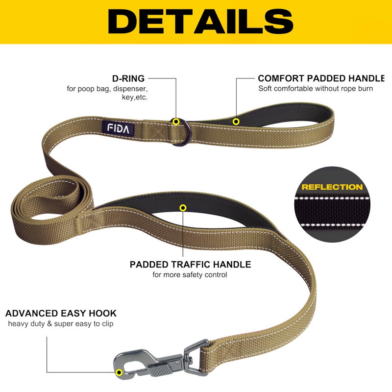 Fida 6 FT Heavy Duty Dog Leash with 2 Comfortable Padded Handles, Traffic Handle & Advanced Easy Snap Hook, Reflective Walking Lead for Large, Medium & Small Breed Dogs, Brown - Image 2