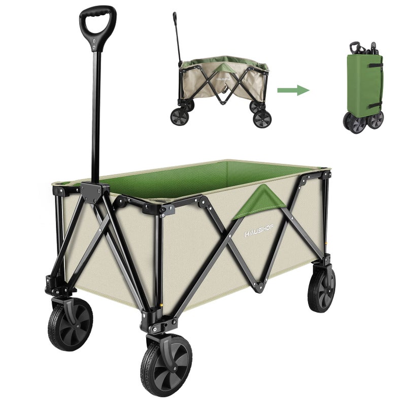 HAUSHOF HAUSHOF Heavy Duty Collapsible Wagon Folding Outdoor Utility Wagon Camping Garden Beach Cart with Universal Quick Release Wheels Adjustable Handle 2 Cup Holders 176 lbs Load Capacity Green 