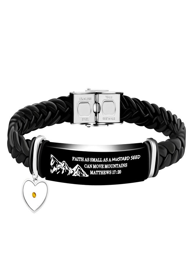 Uloveido Encouragement Gifts Faith Can Move Mountains Black Braided Leather Cuff Bracelet with Heart Mustard Seed for Men Women Dad Friends Birthday Graduation Gift Y1326 - Image 1