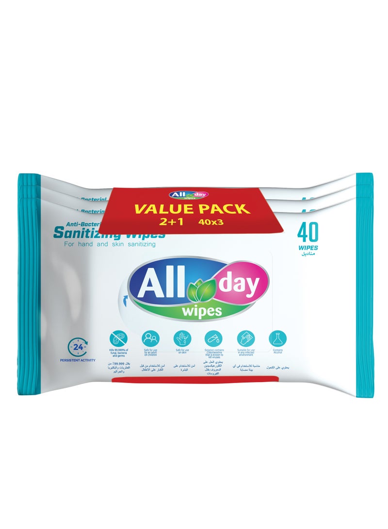 All day wipes All Day Anti-Bacterial Sanitizing Wet Wipes – 40 Count: Kills 99.999% of fungi, bacteria, and germ Stay Protected and Hygienic. (Pack of 3) - Image 1