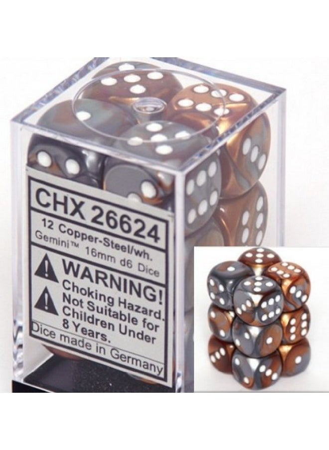 Chessex Gemini 16mm d6 Copper-Steel w/white Dice Block 12 pipped dice 