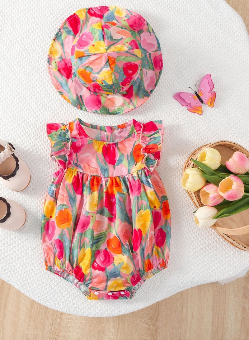 Baby Girl Tulip Print Sleeveless Romper with Matching Hat – Soft Cotton Summer Outfit, Newborn Baby Clothes, Baby Gift Set for Shower – 73cm