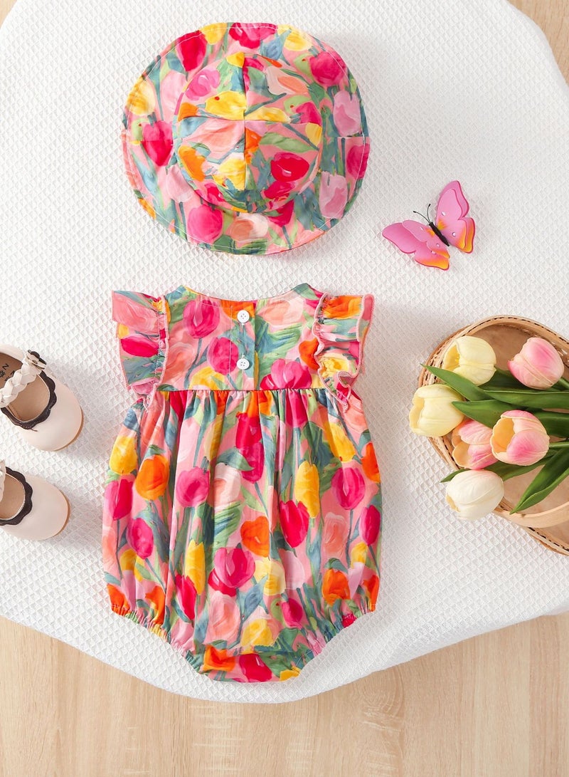 Baby Girl Tulip Print Sleeveless Romper with Matching Hat – Soft Cotton Summer Outfit, Newborn Baby Clothes, Baby Gift Set for Shower – 73cm