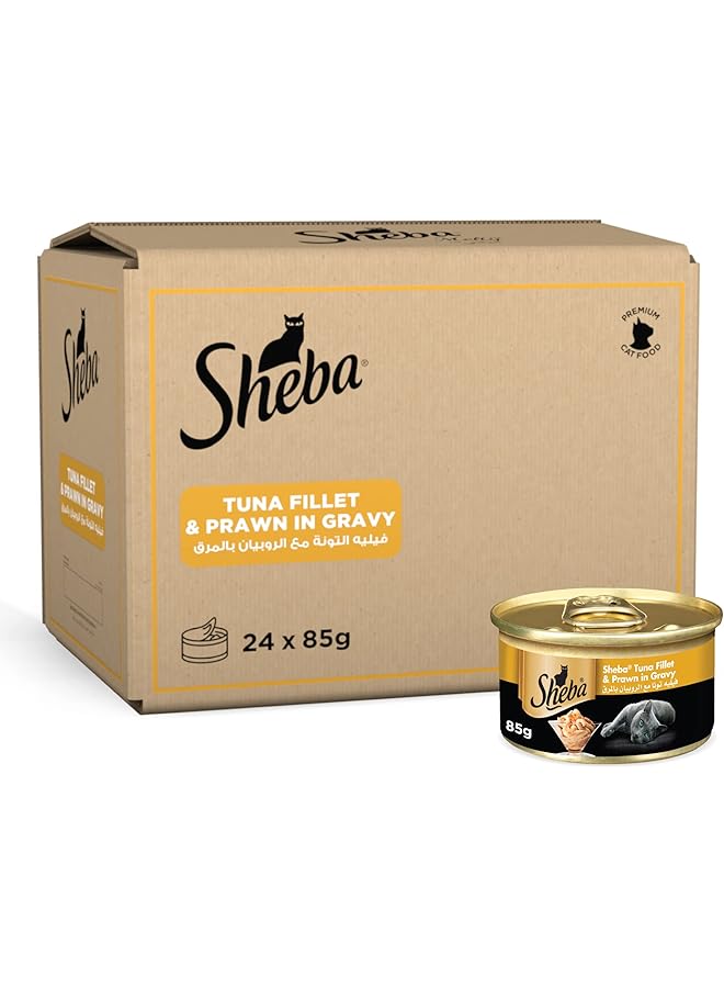 Sheba Cat Food Tuna Filets And Prawn Can Made From Natural Ingredients With Essential Vitamins Minerals This Wet Food Is Made With A Grain Free Formula Suitable For Sensitive Cats Pack Of 24X85G - Image 1