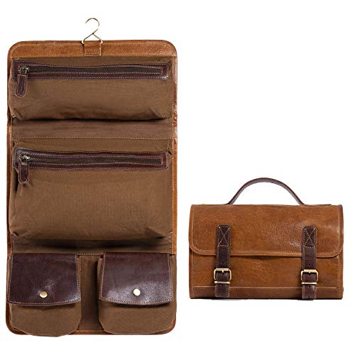 KomalC Premium Buffalo Leather Hanging Toiletry Bag Travel Dopp Kit (Yellow Tan) - Image 1
